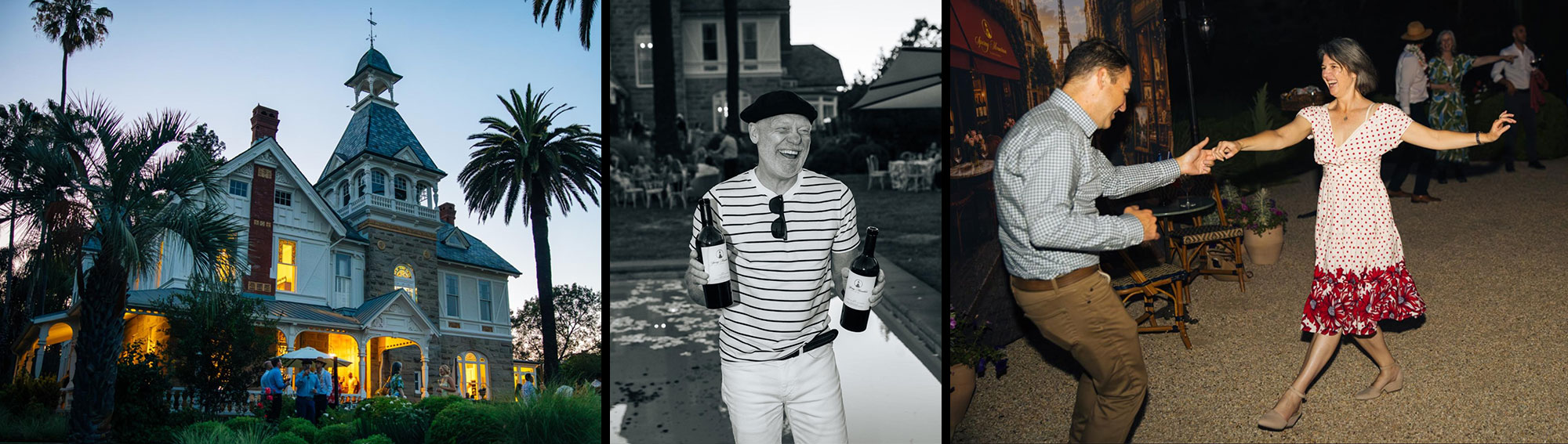 Guests enjoying wine, dancing, and the evening festivities during the Summer Soirée at Spring Mountain Vineyard in St. Helena, Napa Valley.