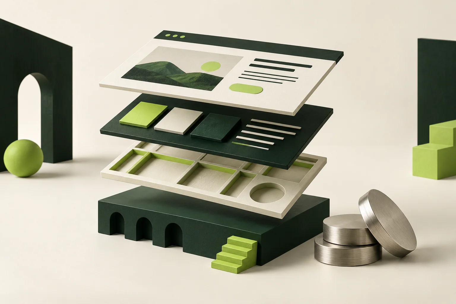 Gelaagd model van een website met losse onderdelen als beeld voor de opbouw van projectkosten.