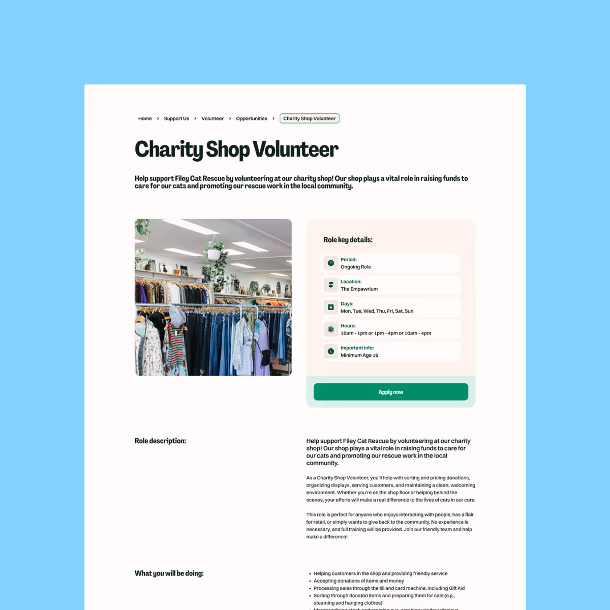 Charity Shop Volunteer webpage detailing role key details, description, and responsibilities with an image of clothes on racks in a shop.