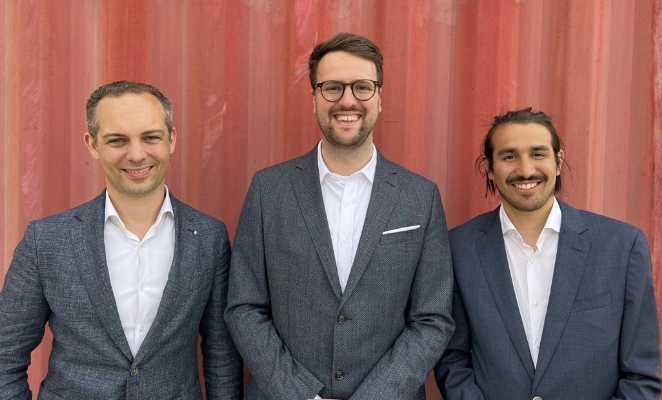 The founding team: Dominik Schollenberger (CTO), Benedikt Stolz (COO), and Philip Kessler (CEO). 