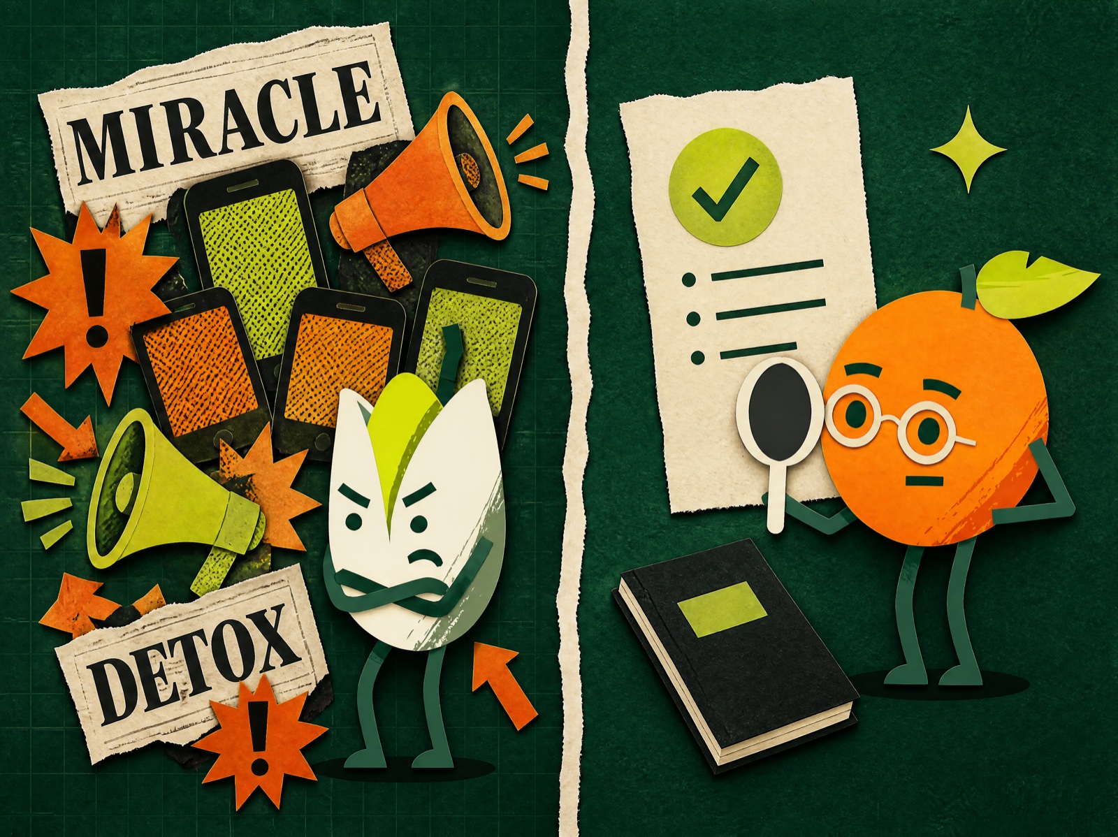 Collage contrasting a chaotic pile of miracle and detox claims with one calm, fact-checked page