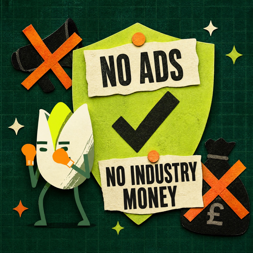 A lime shield stamped no ads and no industry money, with a crossed-out megaphone and money bag
