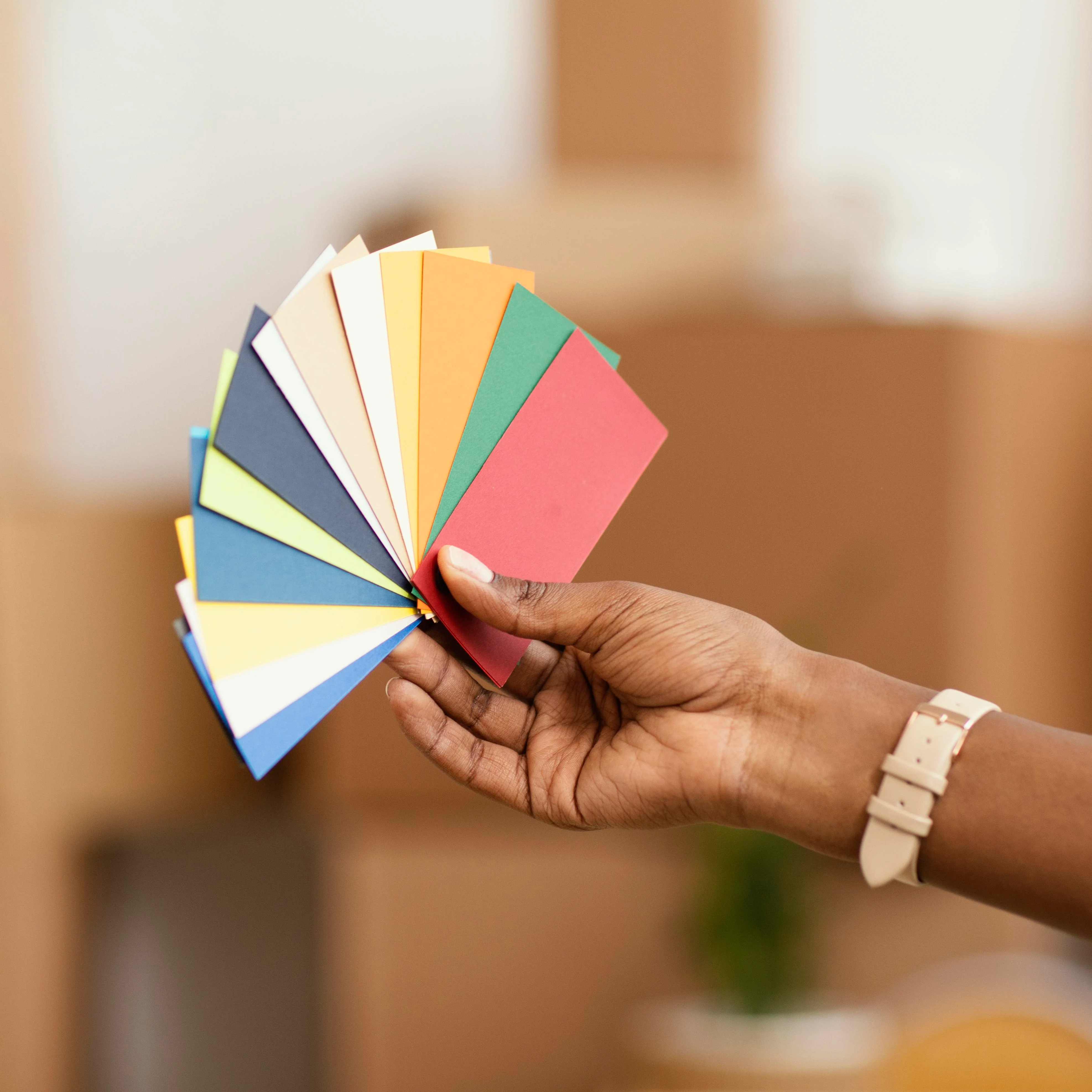 A hand holding papers of different colours | Kelly Agency Images