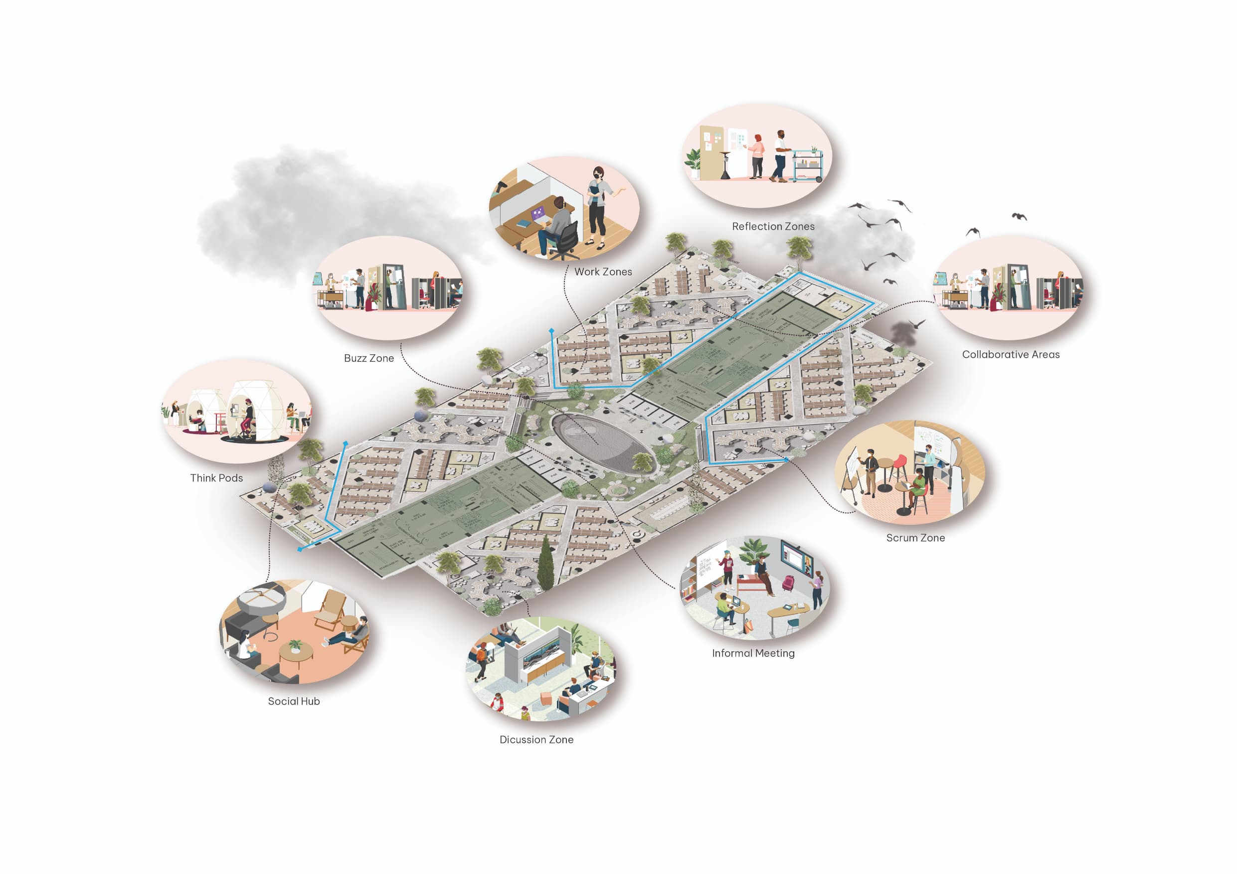 Every work floor interlaces nine settings, from think pods to scrum zones, so no desk sits more than thirty paces from a place to huddle.