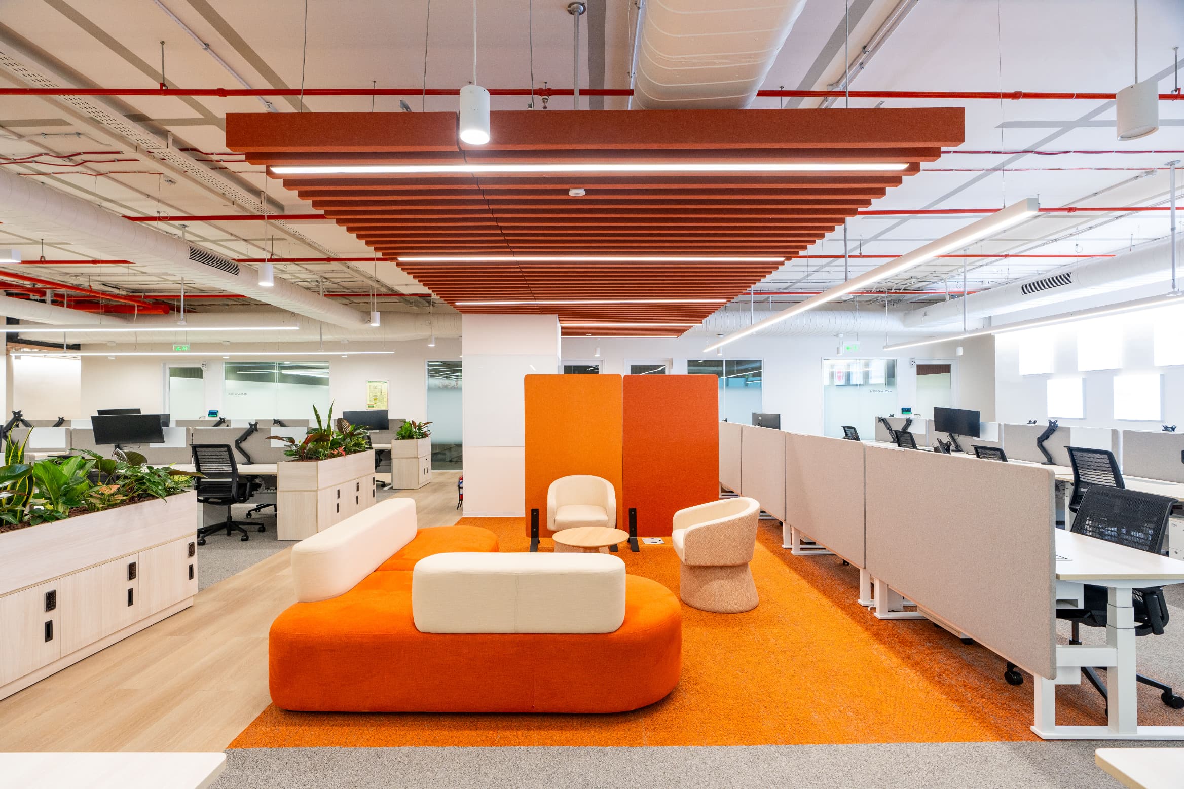 Collaboration zones are composed against muted bases and punctuated with saturated accent colours. Acoustic baffle rafts in the zone colour mark each cluster overhead.