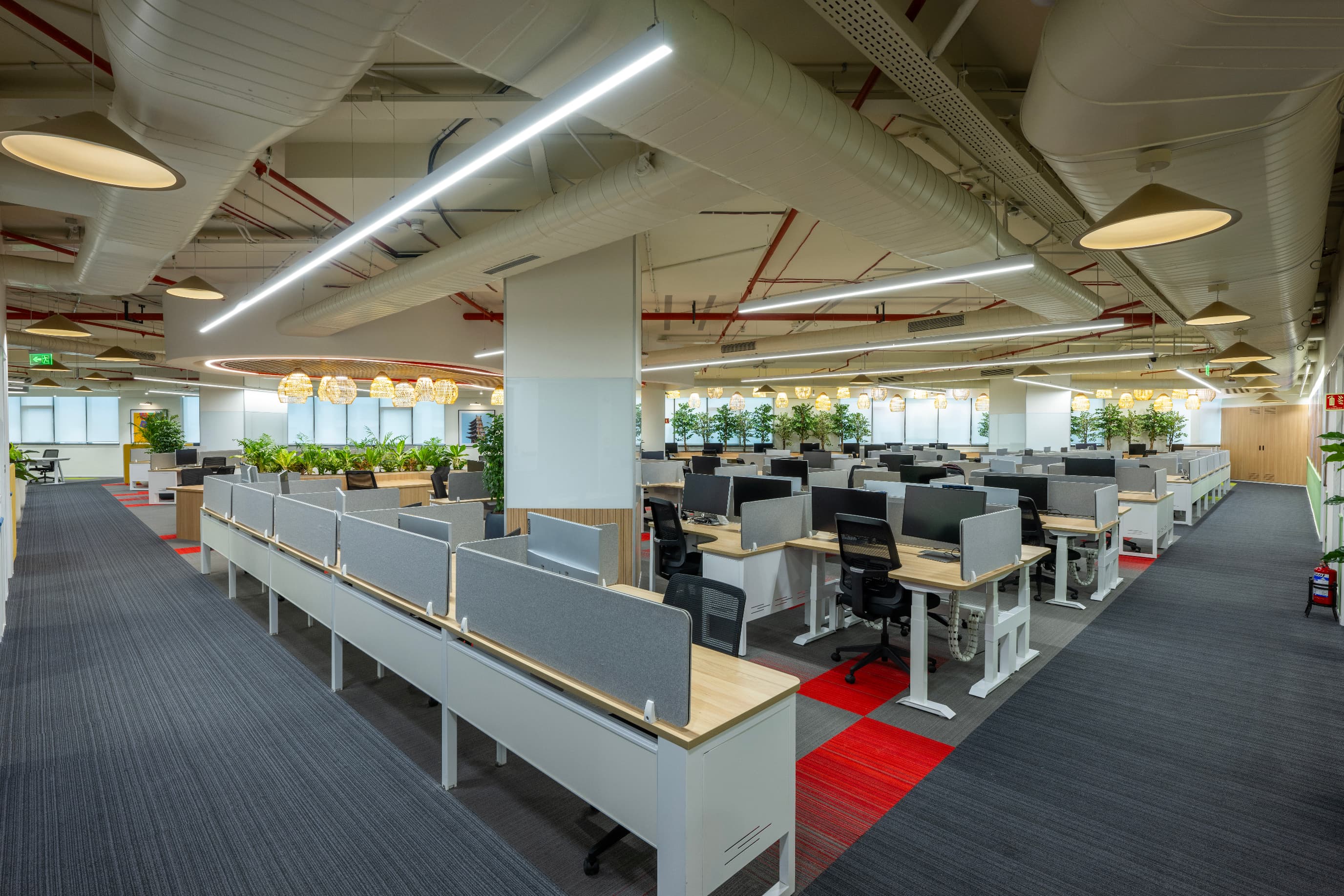 A diagonal layout activates the entire floor plate. Meeting rooms and support functions are placed near the core, freeing the perimeter for workstations and shared areas that receive diffused natural light throughout the day.