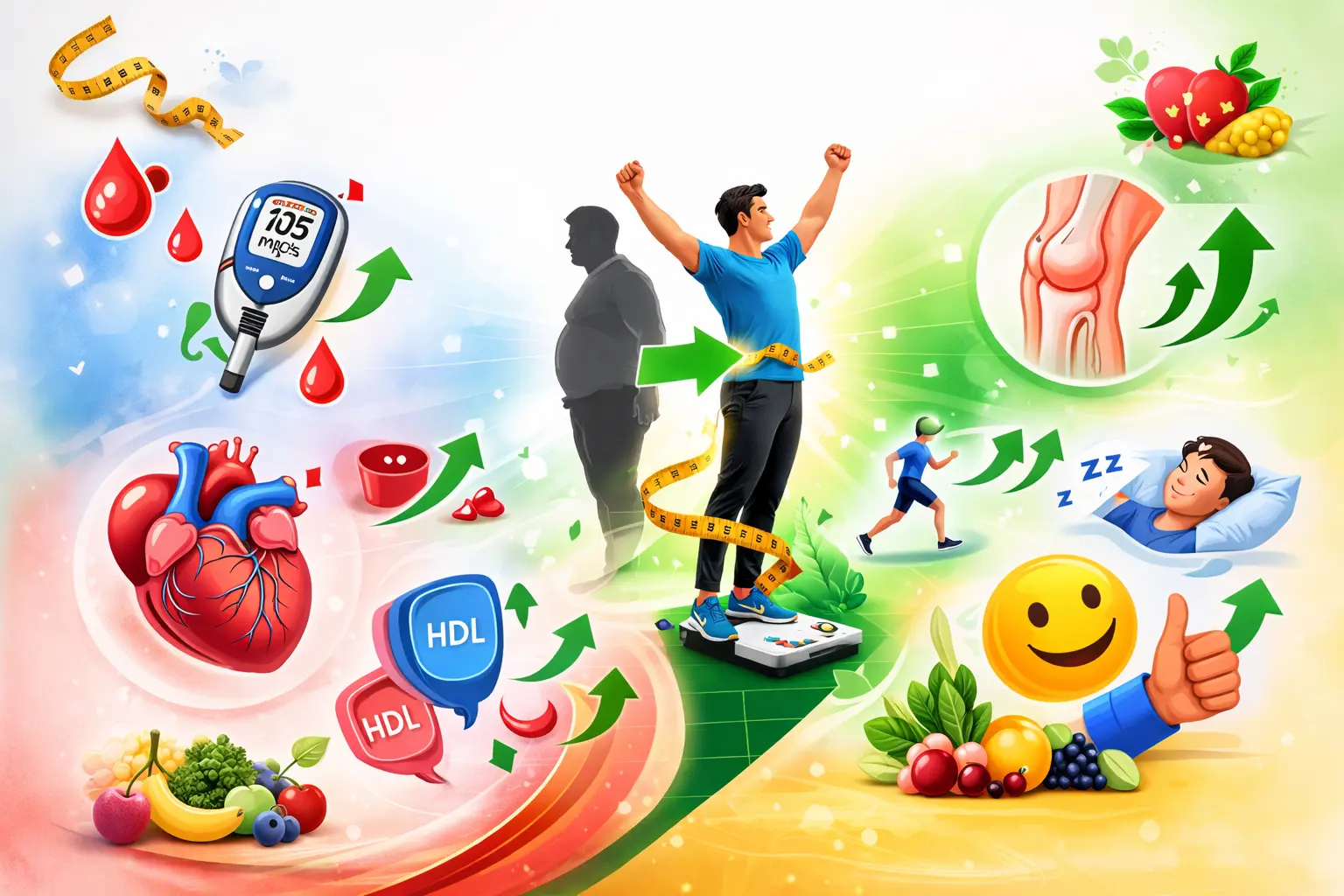 Health benefits of 20–30kg weight loss including blood sugar, cholesterol, and joint relief