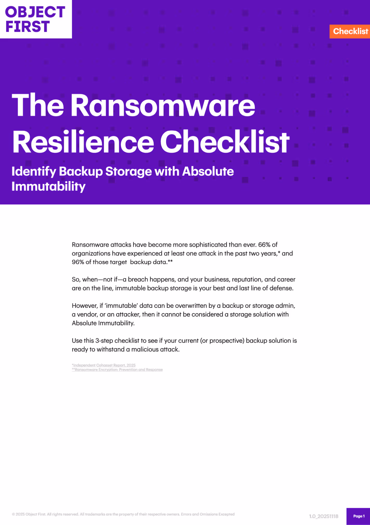 The Ransomware Resilience Checklist cover page with text explaining the importance of immutable backup storage to defend against ransomware attacks and a 3-step checklist to verify backup solutions.