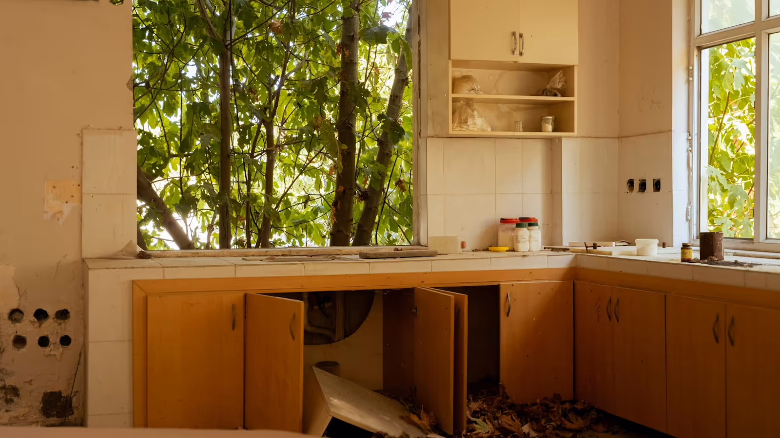 A kitchen with a window and treesAI-generated content may be incorrect.