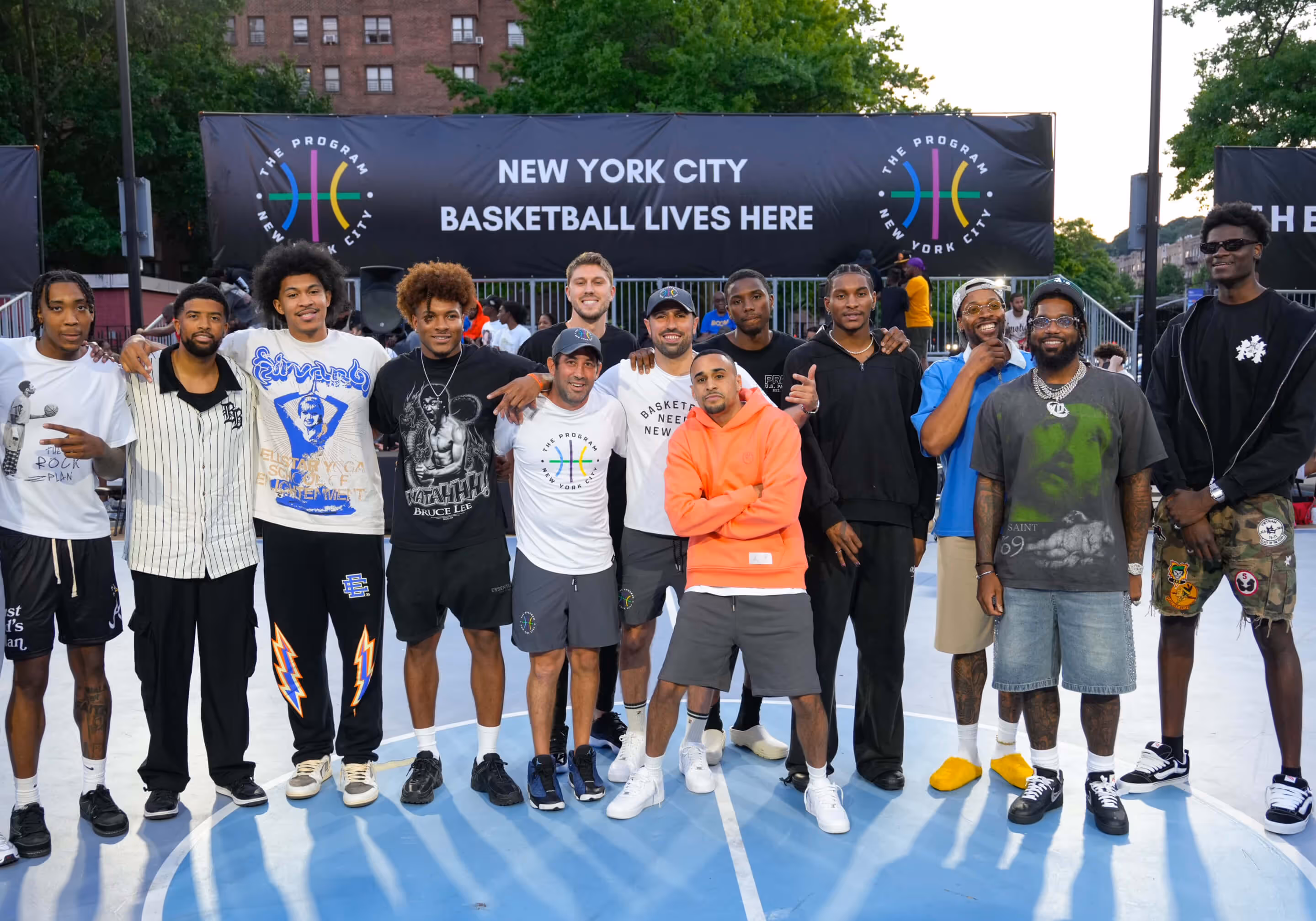 NBA players Mo Bamba, Myles Powell, Miles McBride, Matt Ryan, Sharife Cooper, Ron Harper Jr, Isaiah Briscoe, and Hami Diallo, WNBA player Epiphanny Prince, and Complex Host Speedy Morman at The Program Classic 2024 at Dyckman Park in NYC