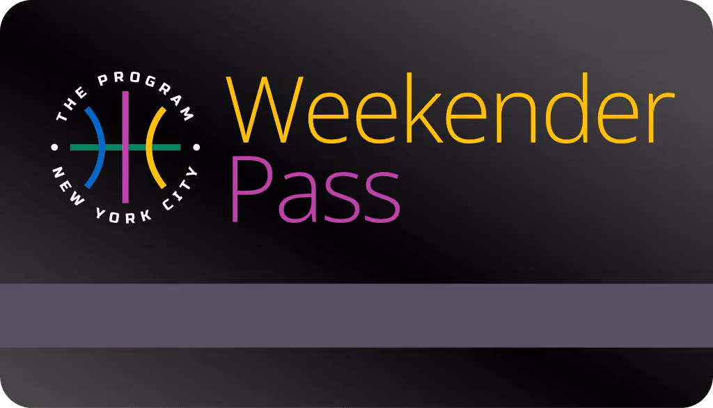 Black pass card with colorful basketball hoop lines and text 'The Program New York City Weekender Pass'.