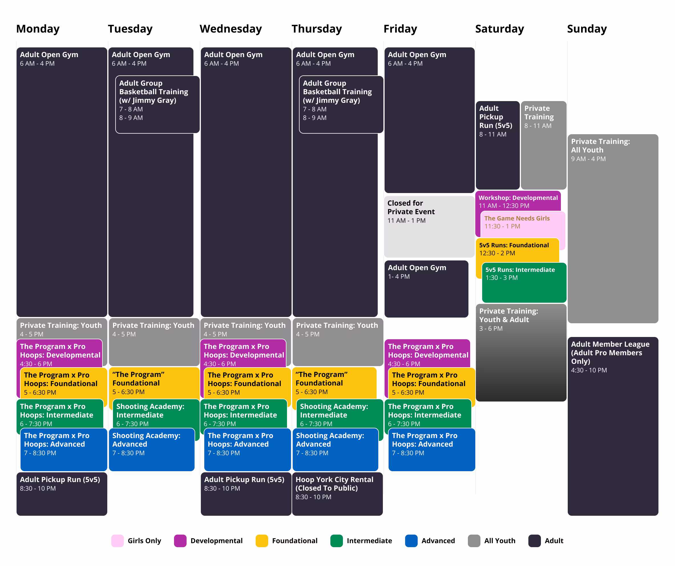 Class Schedule at The Program NYC basketball training facility