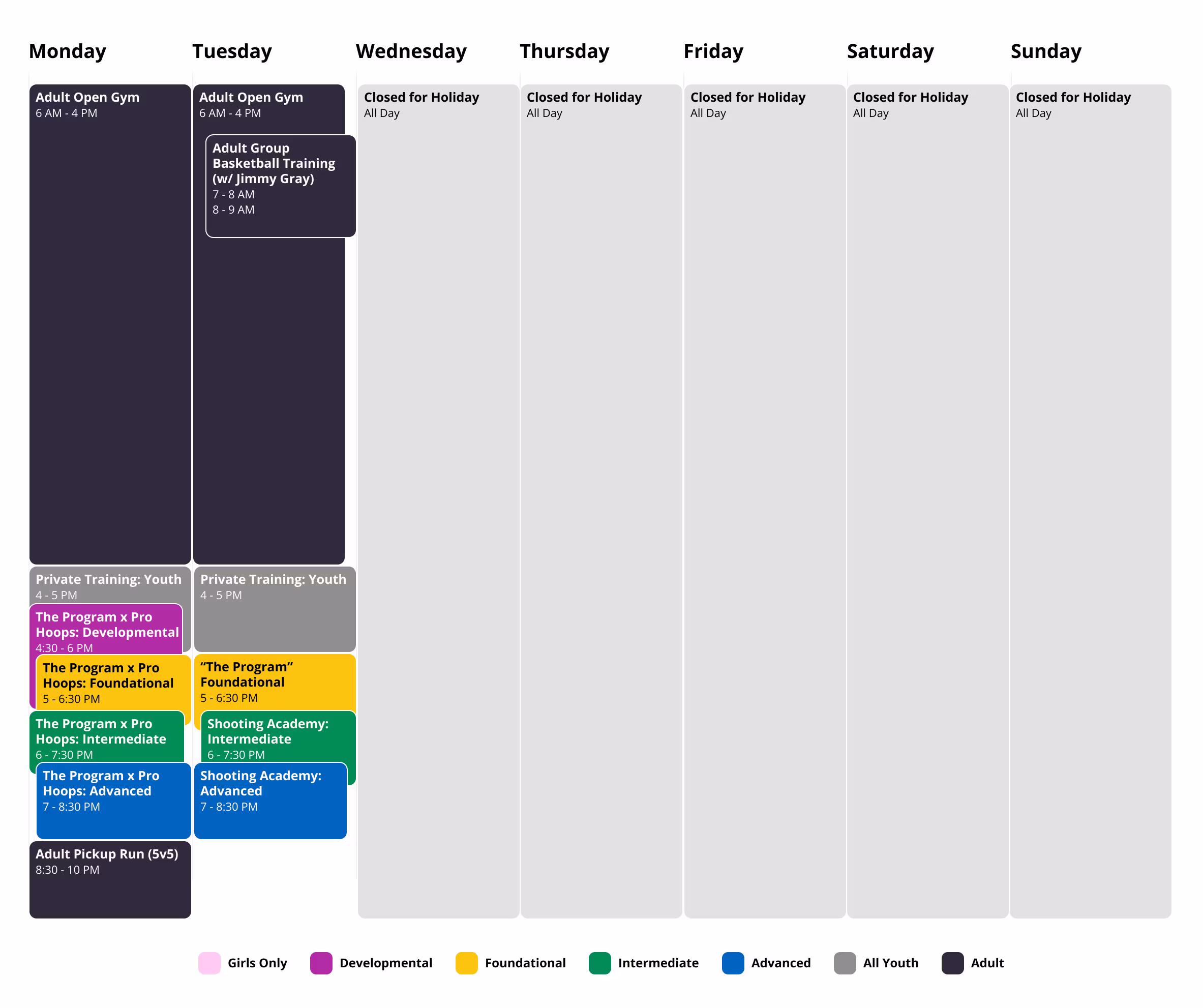 Class Schedule at The Program NYC basketball training facility