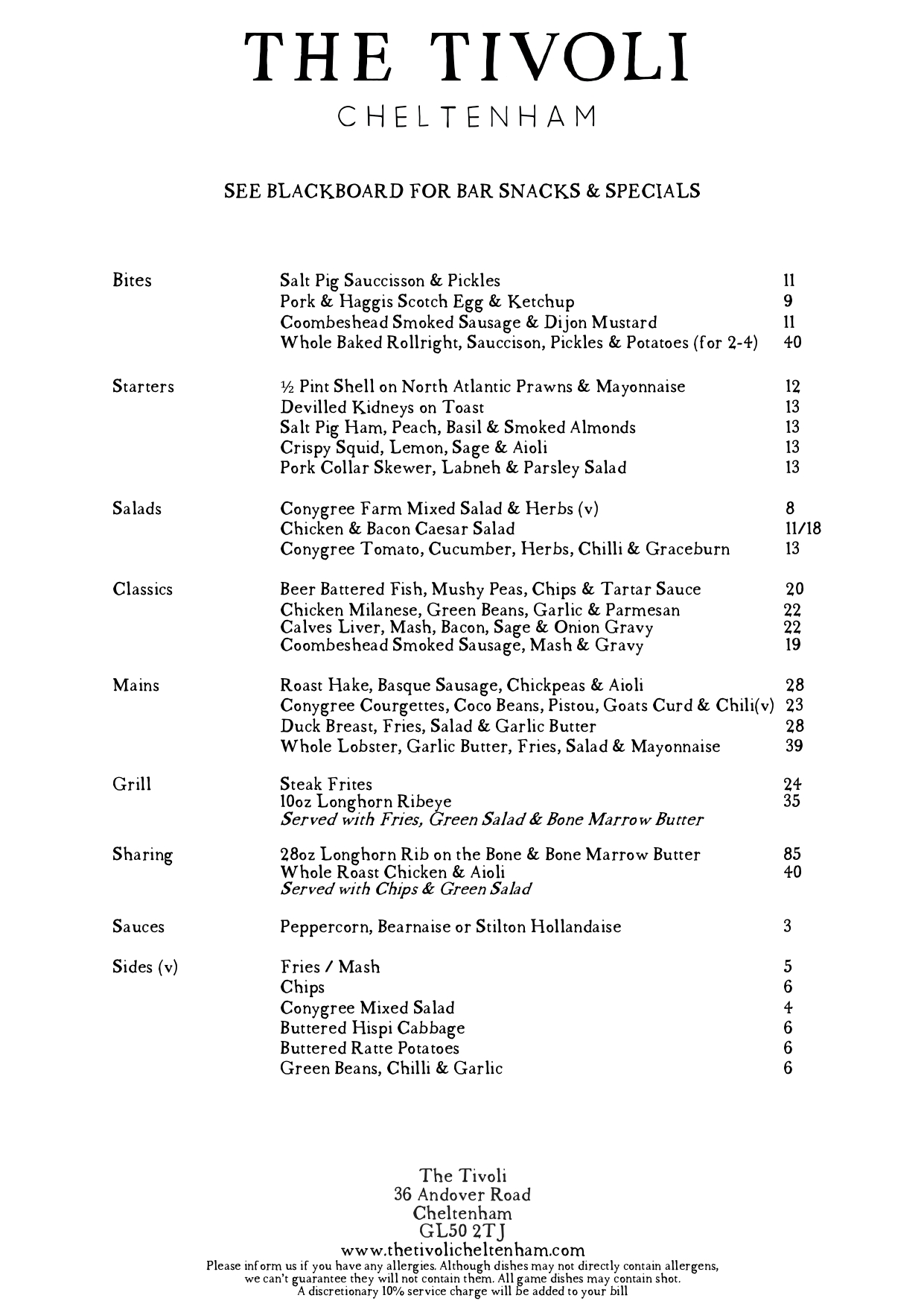 Sample A La Carte Menu