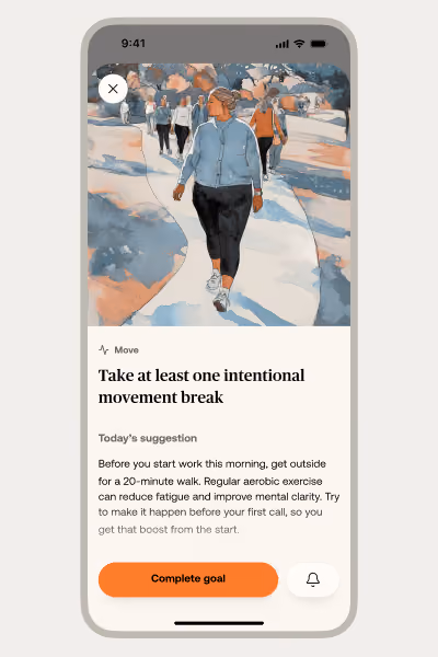 Smartphone screen showing a wellness app with a suggestion to take a 20-minute walk for an intentional movement break.