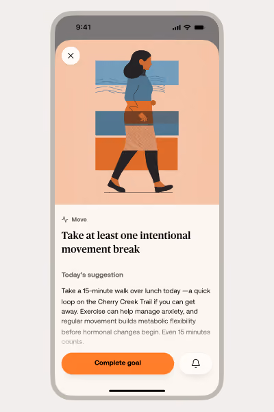Phone screen showing a wellness app suggesting a 15-minute walk to manage anxiety and improve metabolic flexibility.