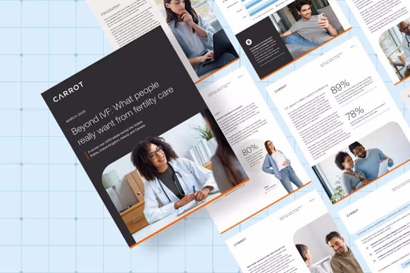 Cover and sample pages of a fertility care report titled 'Beyond IVF: What people really want from fertility care' by Carrot, featuring images of diverse people and healthcare providers.