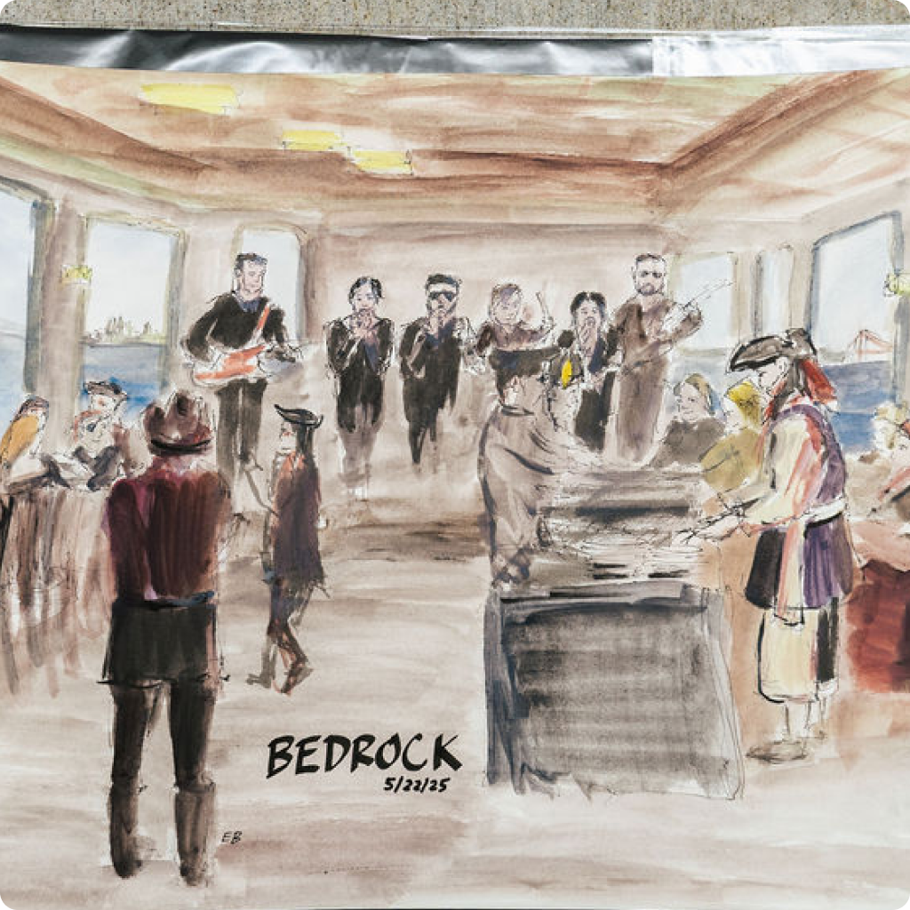 Watercolor painting of a band named Bedrock performing indoors with a guitarist, singers, and a pianist, dated 5/22/25.