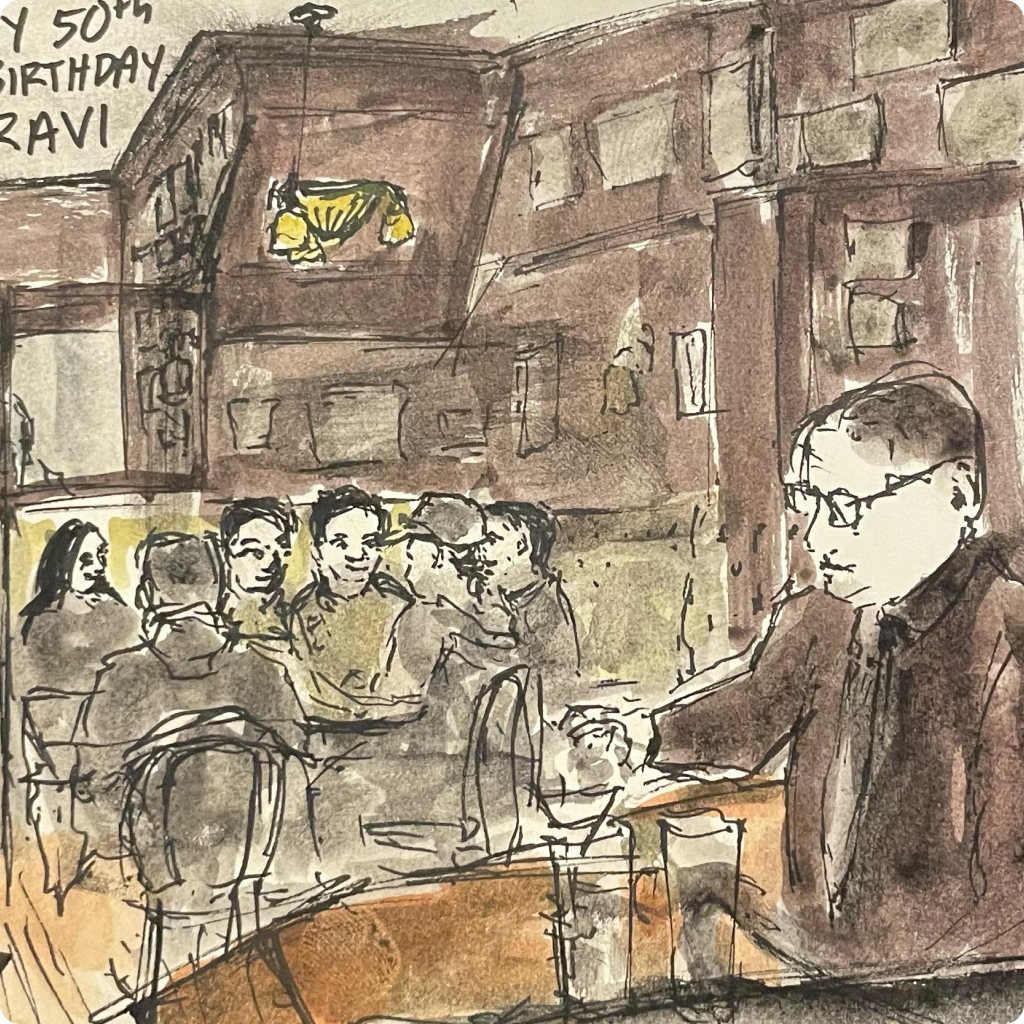 Watercolor sketch of a group of people socializing in a dimly lit bar or pub with a man sitting alone at a table on the right.
