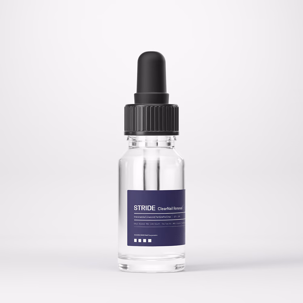A transparent bottle with a clear liquid for toenail fungus treatment with a black cap and a blue STRIDE label.