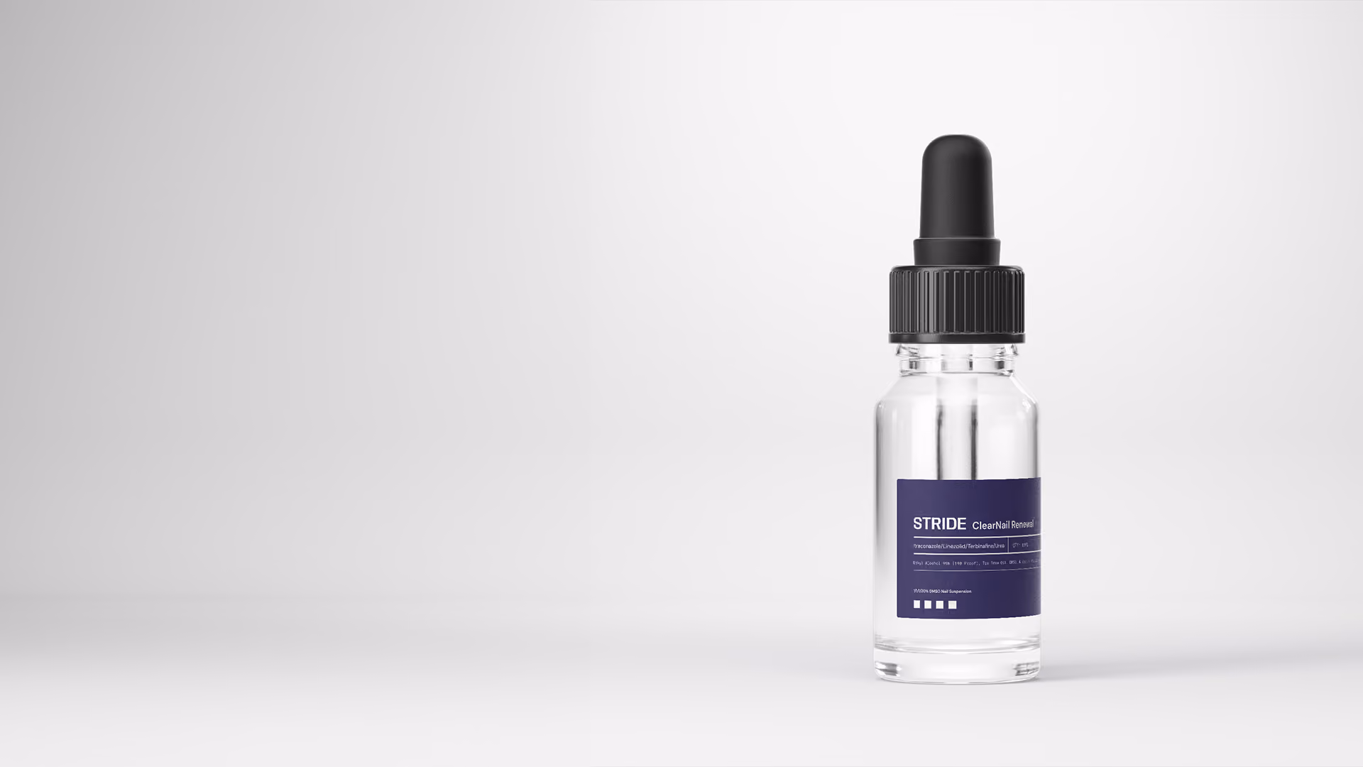 A transparent bottle with a clear liquid for effective toenail fungus treatment with a black cap and a blue STRIDE label on a gray background.