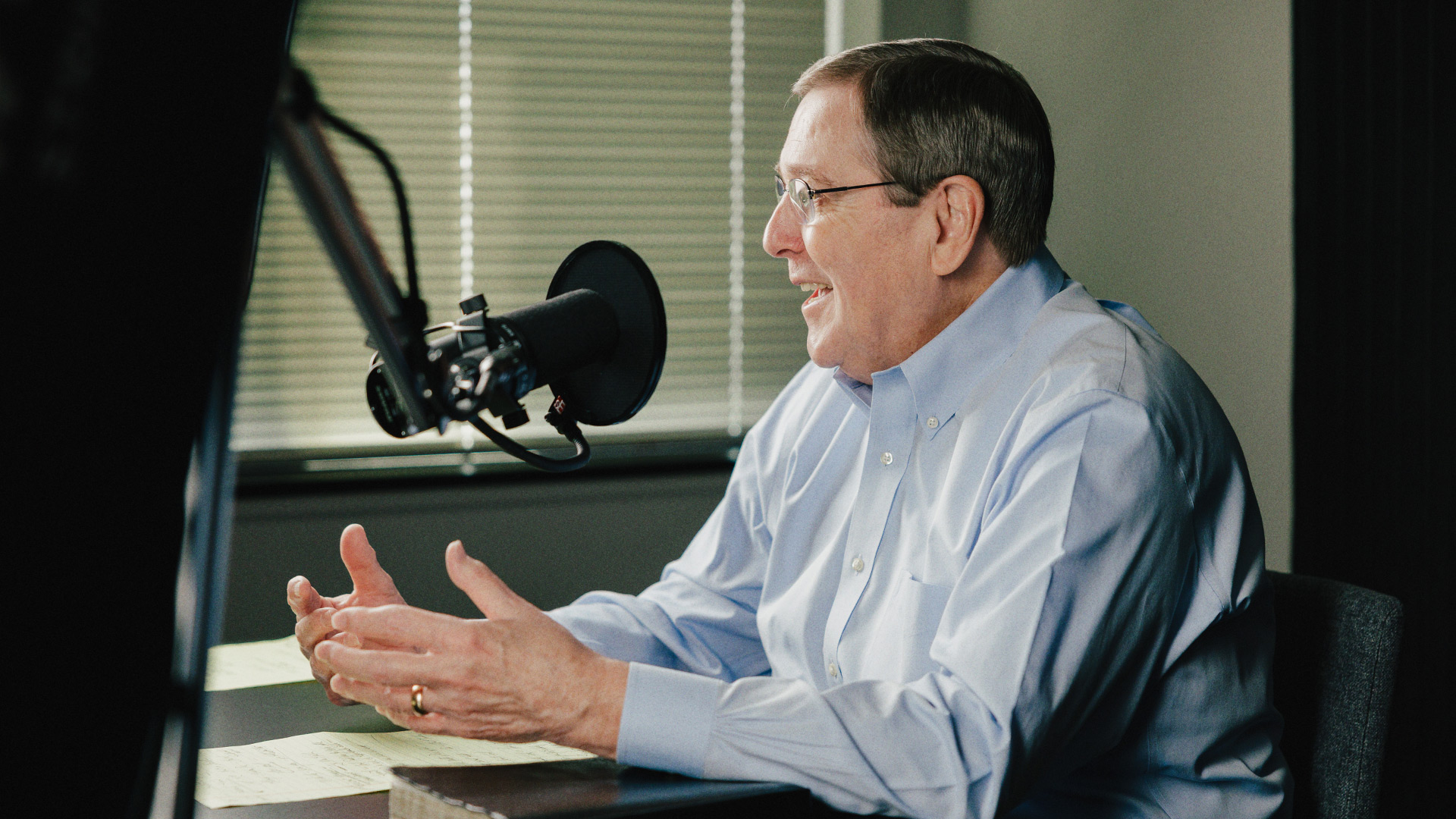 Pastor Emeritus Ken Harrell recording The Bible for Life podcast