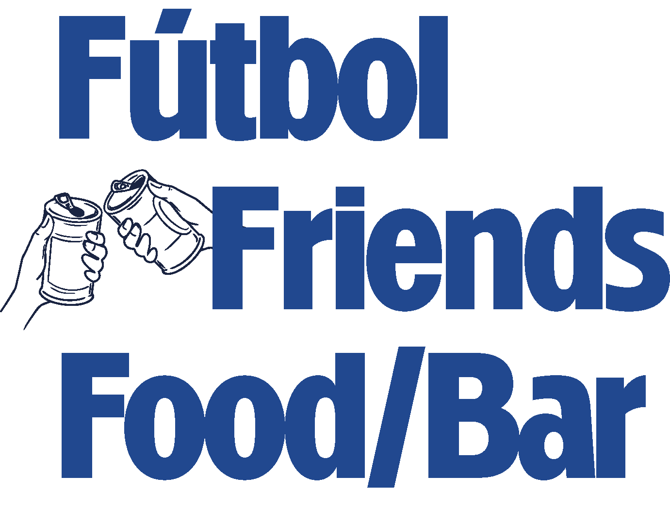 Logo with two hands clinking cans and text Futbol Friends Food Bar in blue.