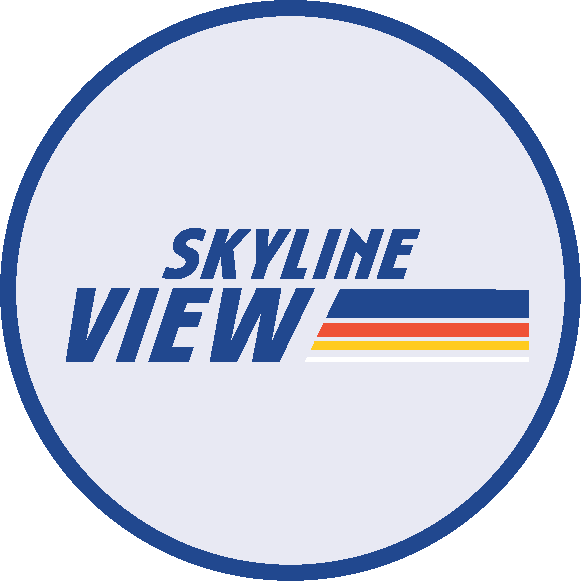 Skyline View text logo with blue, red, orange, yellow, and white stripes in a circular border.