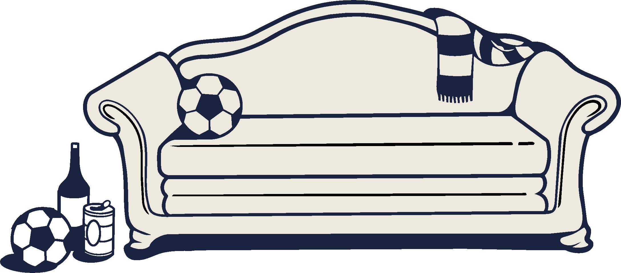 Illustration of a cream couch with soccer balls, a bottle, can, and a striped scarf on it.