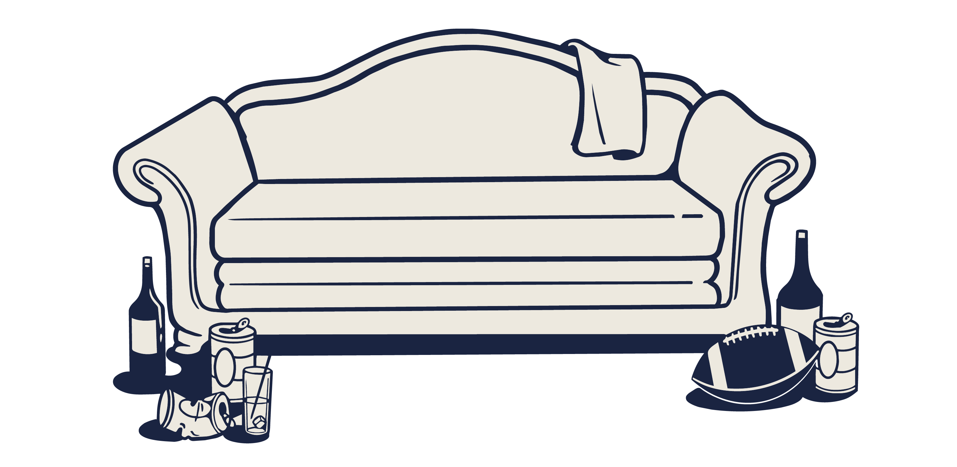 Illustration of a cream couch with soccer balls, a bottle, can, and a striped scarf on it.