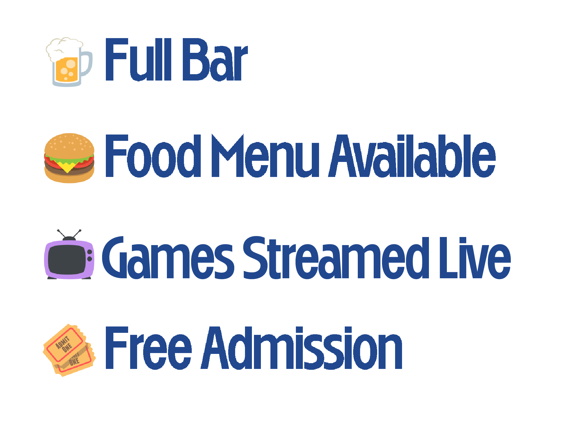 Icons and text listing amenities: full bar, food menu, live match streaming, free admission.