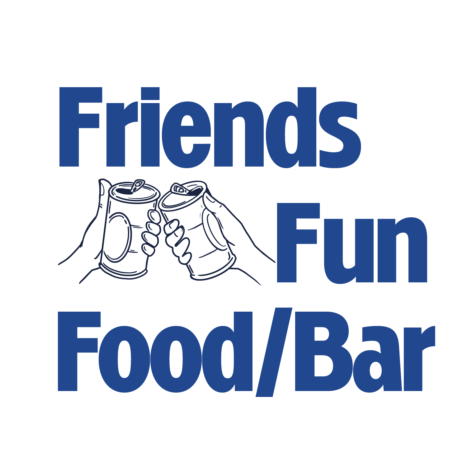 Logo with two hands clinking cans and text Futbol Friends Food Bar in blue.