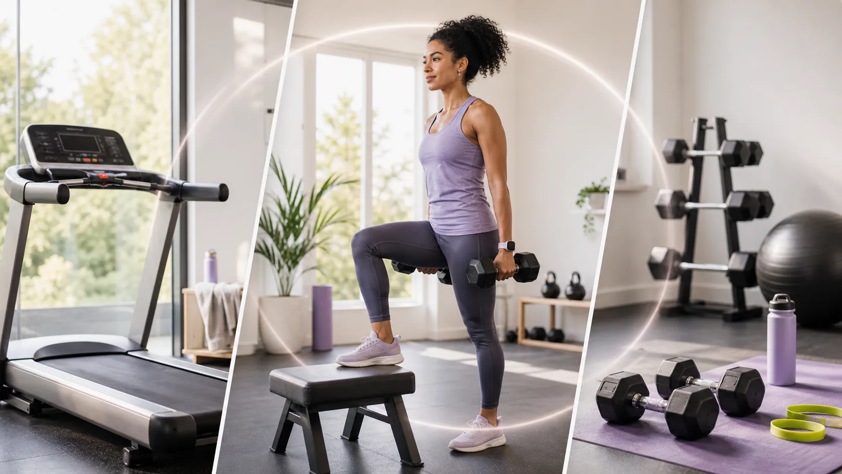 Woman in a lilac tank top doing step-ups with dumbbells in a bright home gym