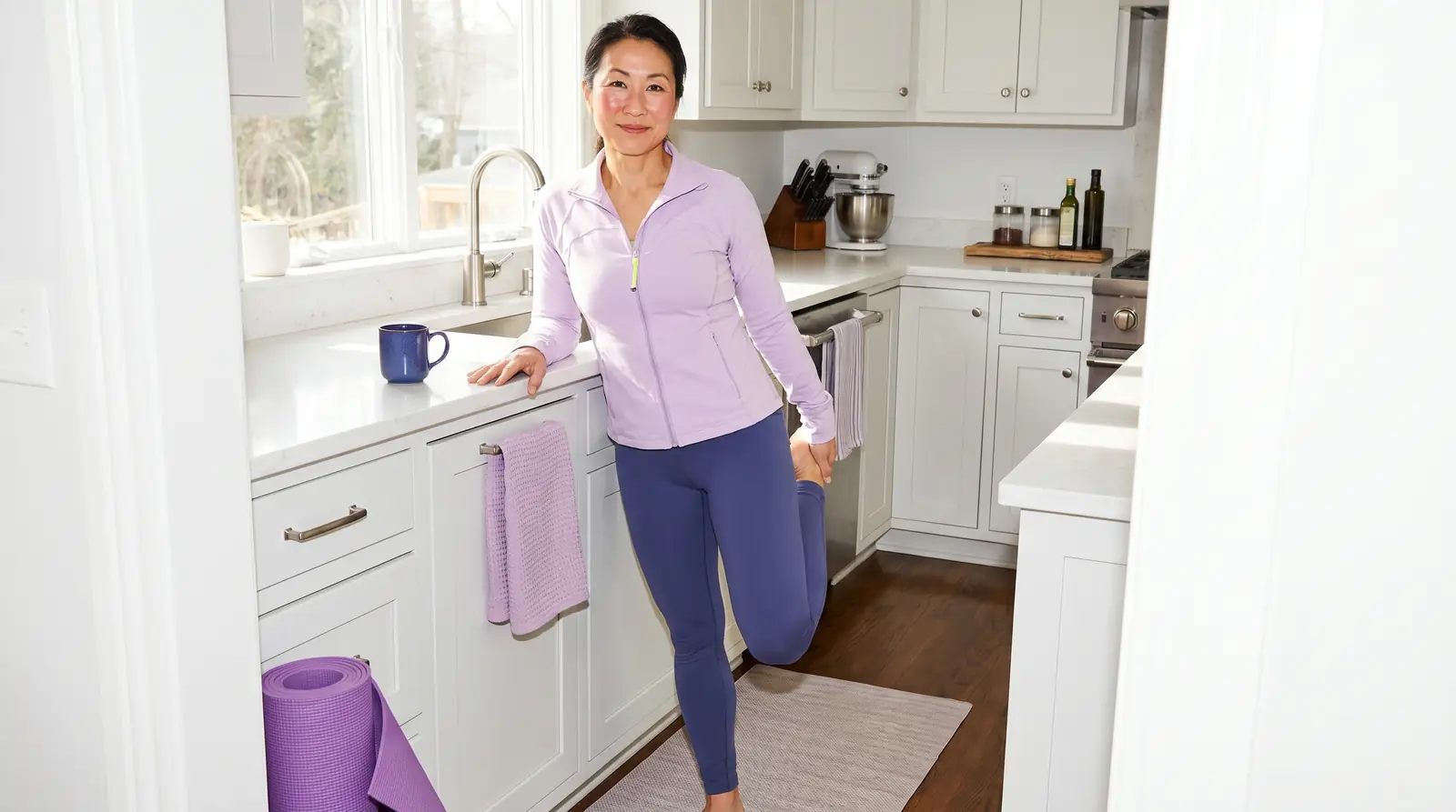 Woman stretching in her kitchen in the morning — GobyMeds NAD+ longevity treatment