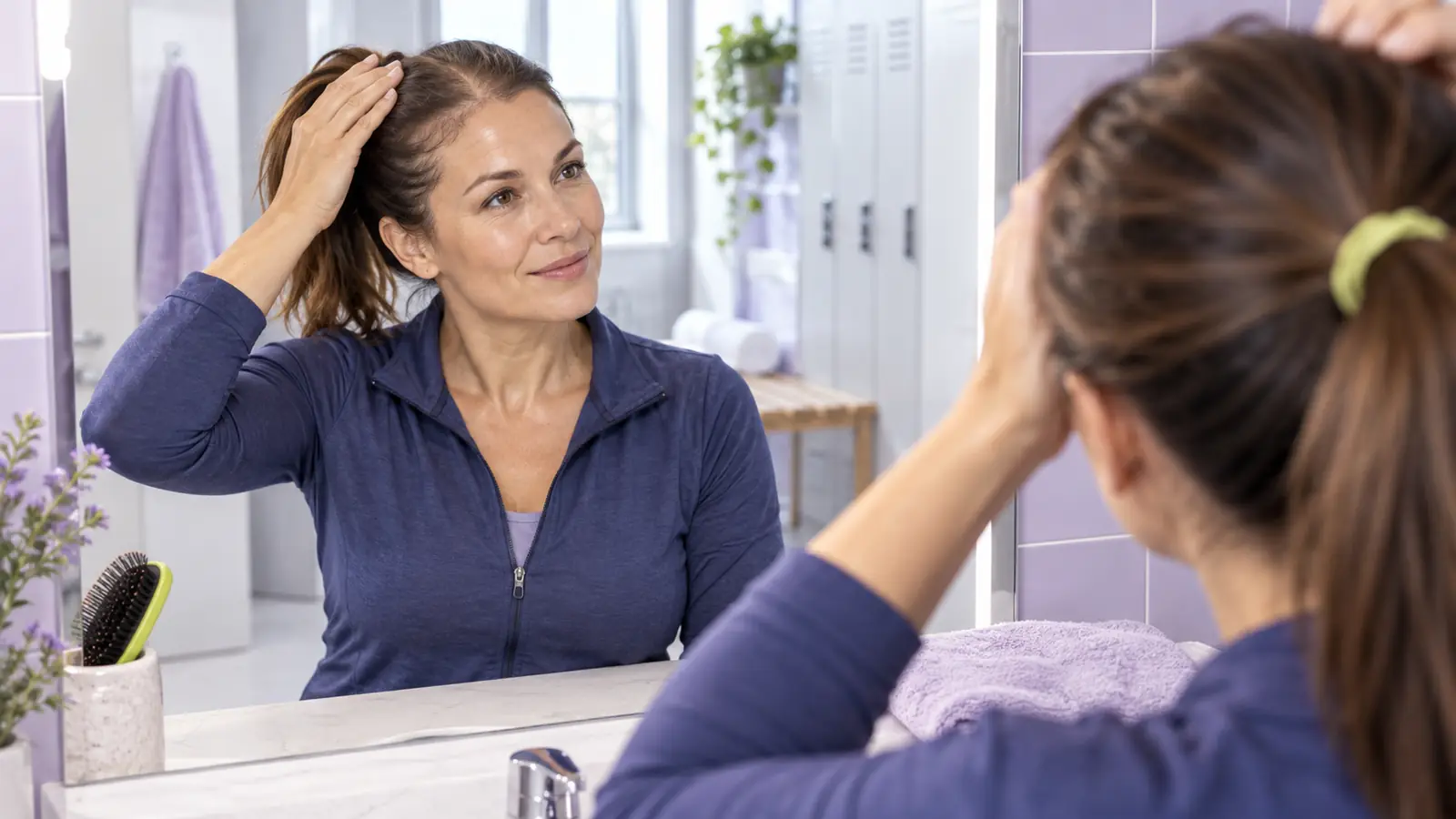 Woman checking her part line in a bathroom mirror — GobyMeds hair loss treatment for women