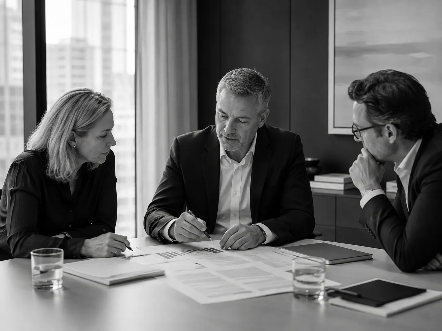 Senior professionals in discussion during an advisory session
