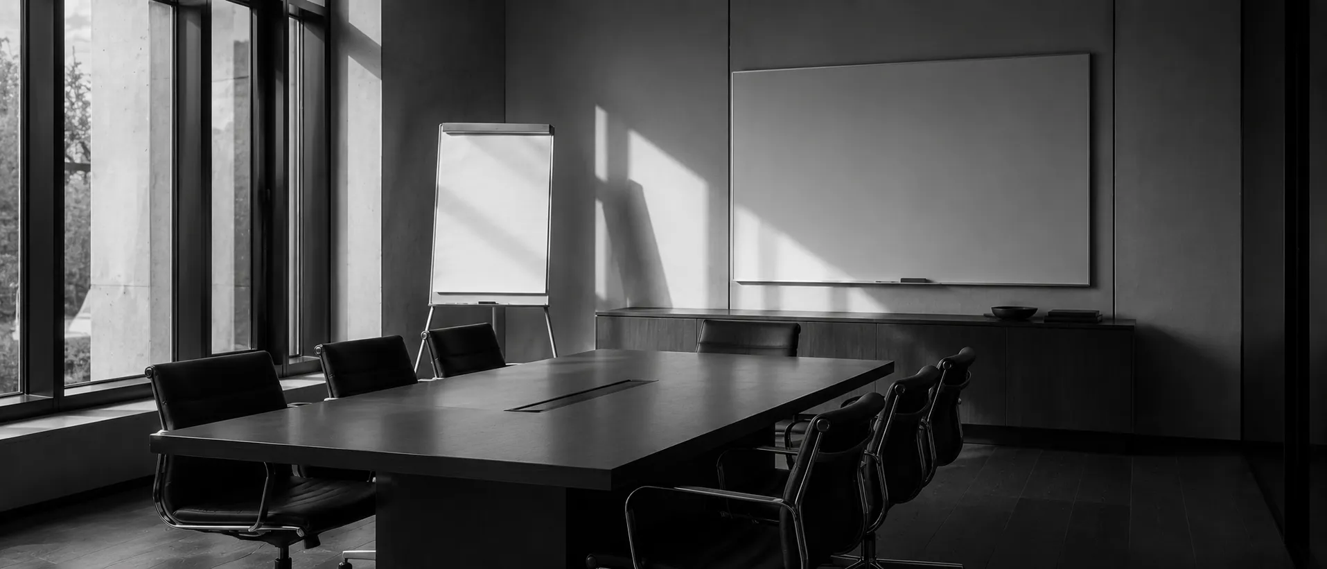 An empty, modern session room set for a working discussion, in monochrome.