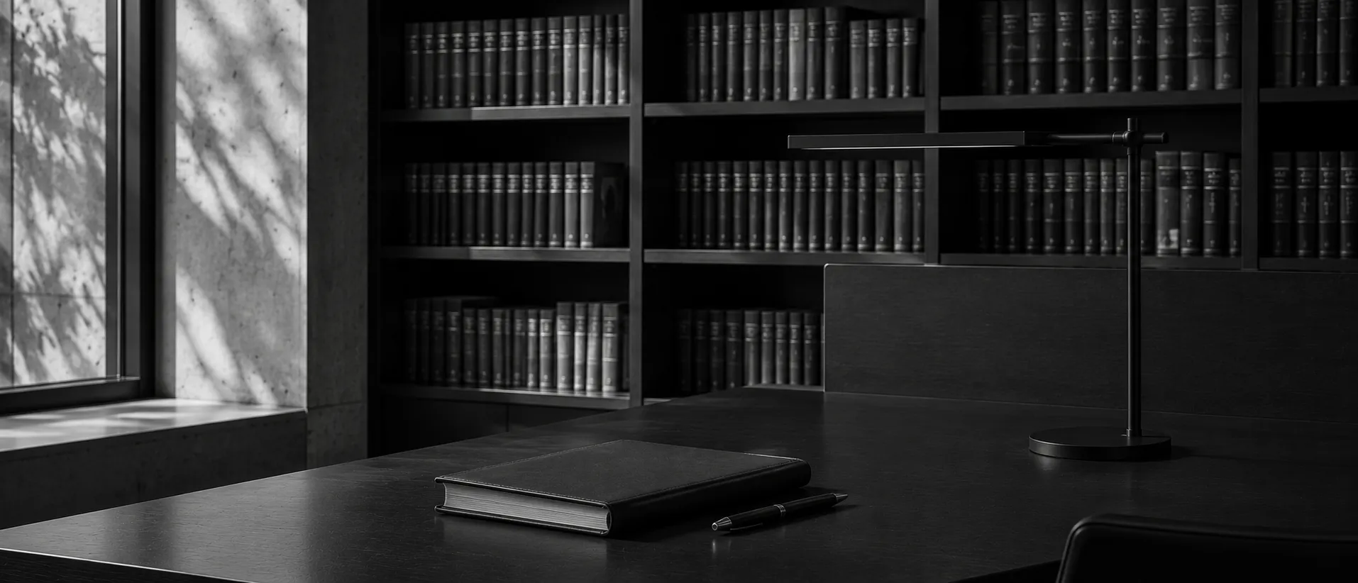 An ordered study environment with bound volumes, in monochrome.