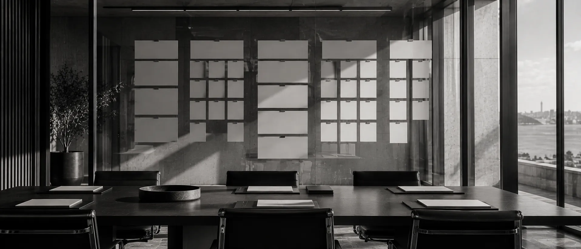 An empty strategy room with a wall of blank planning cards, in monochrome.
