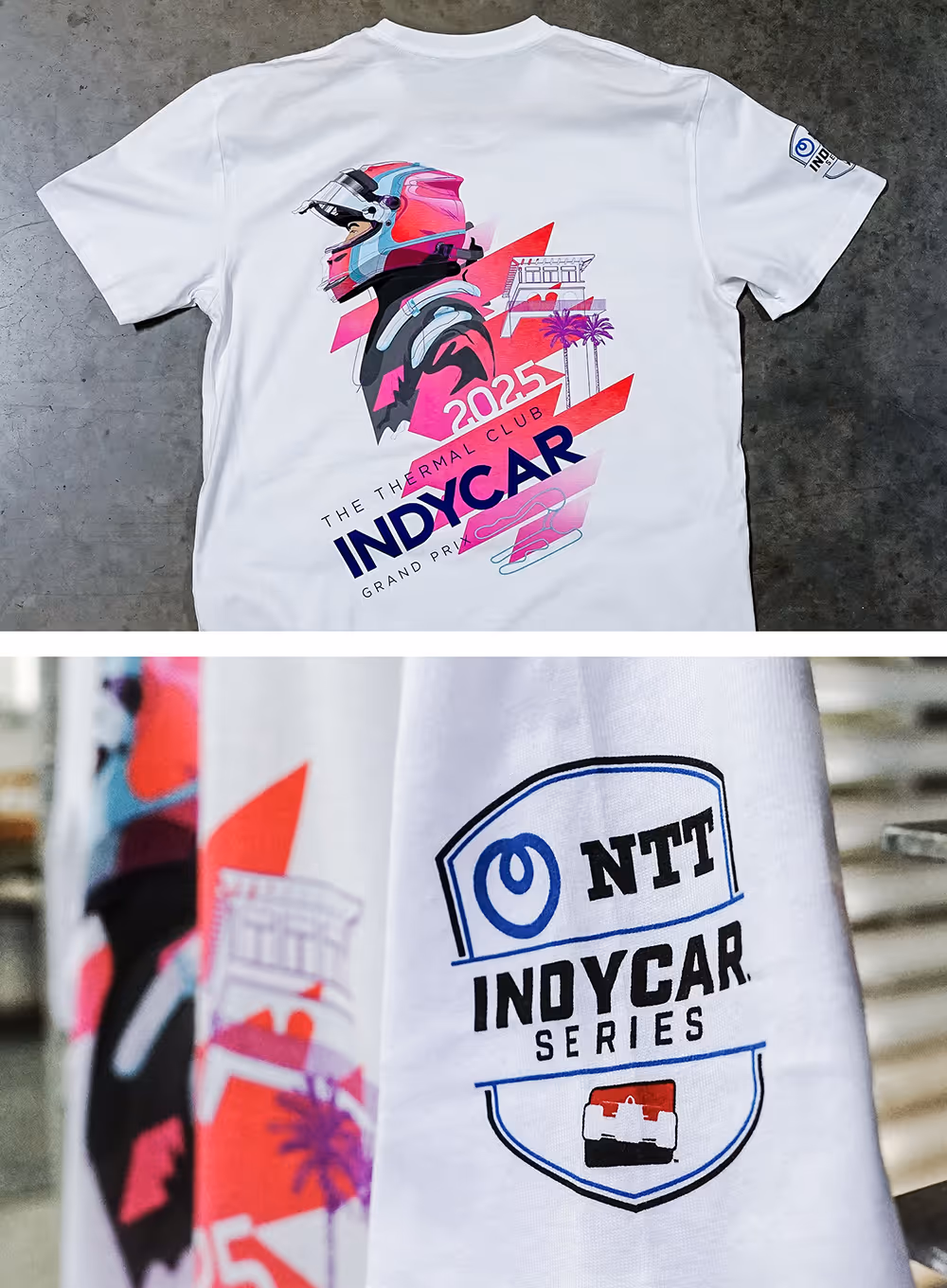 An image of a white printed t-shirt with Indy Car graphics.