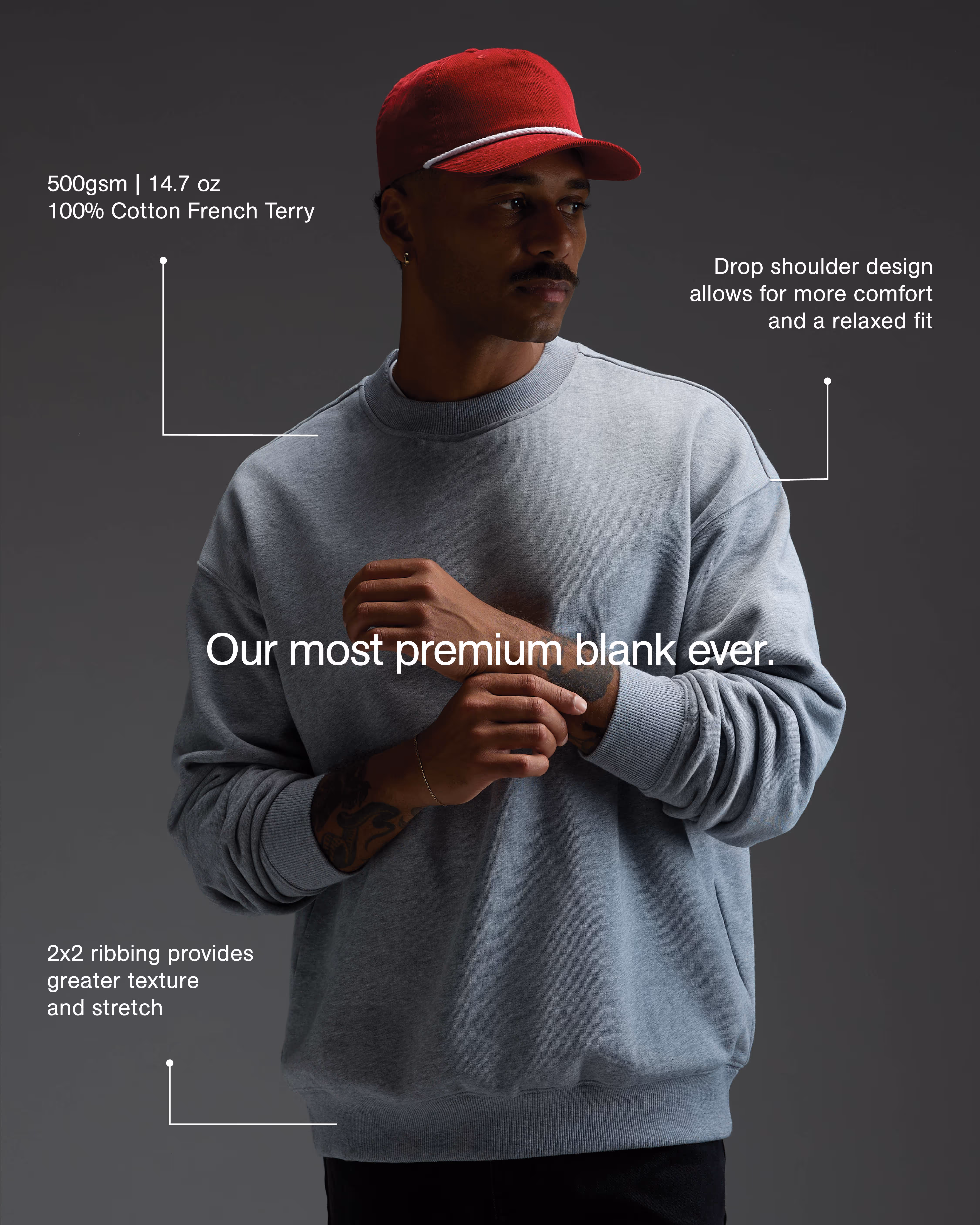 An image of a man wearing AS Colour's most premium crewneck sweatshirt with technical fabric details.