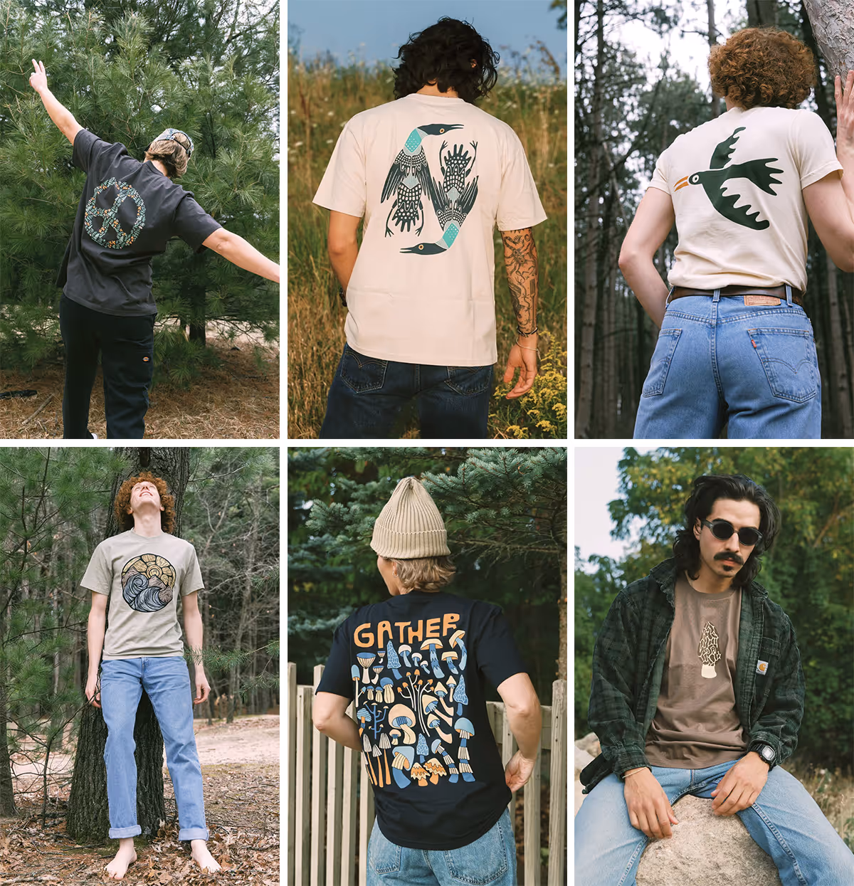 A collage featuring people wearing 6 different shirts we printed for the brand Woosah Outfitters.
