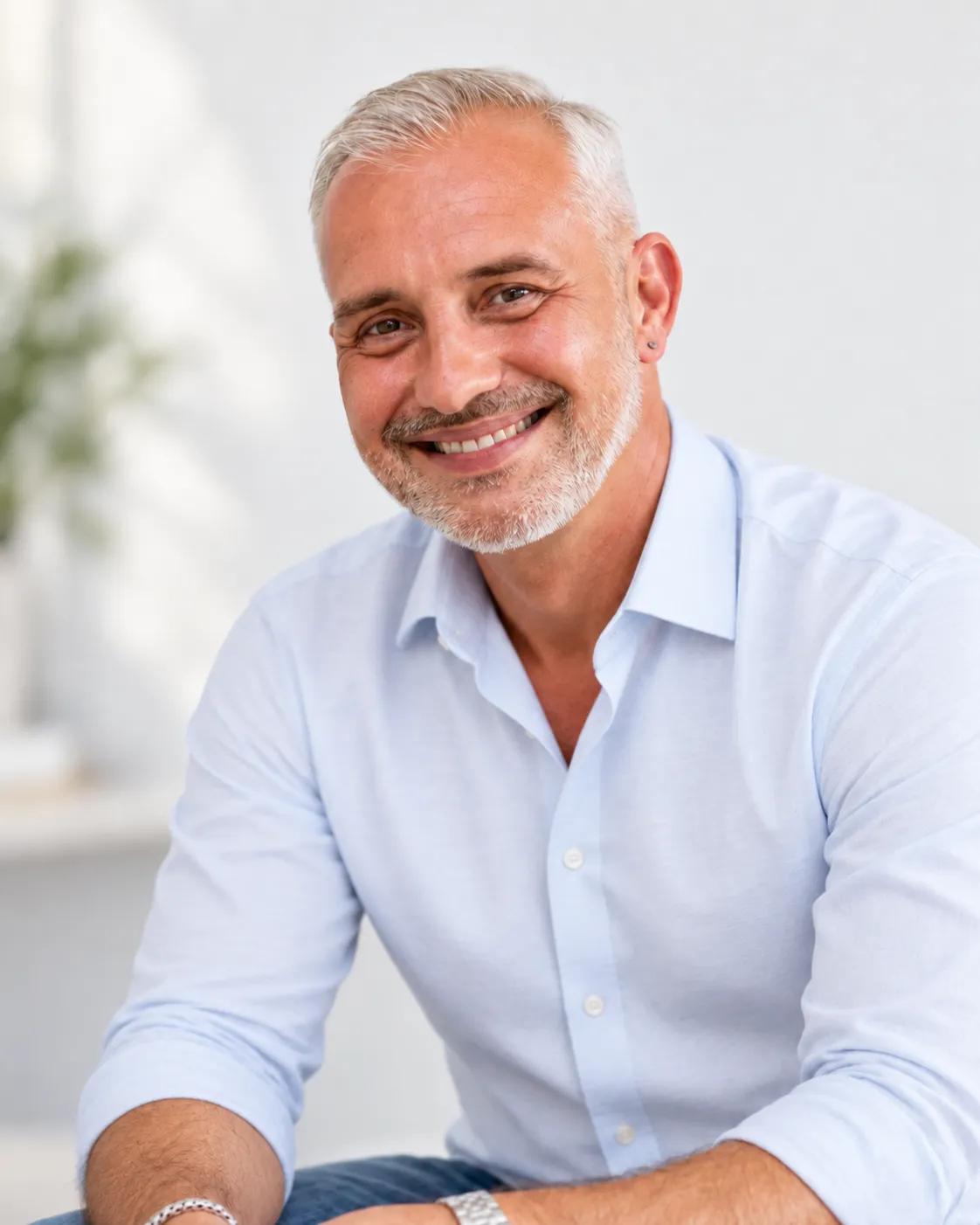 Laurentiu Zarioiu smiling in a light blue shirt