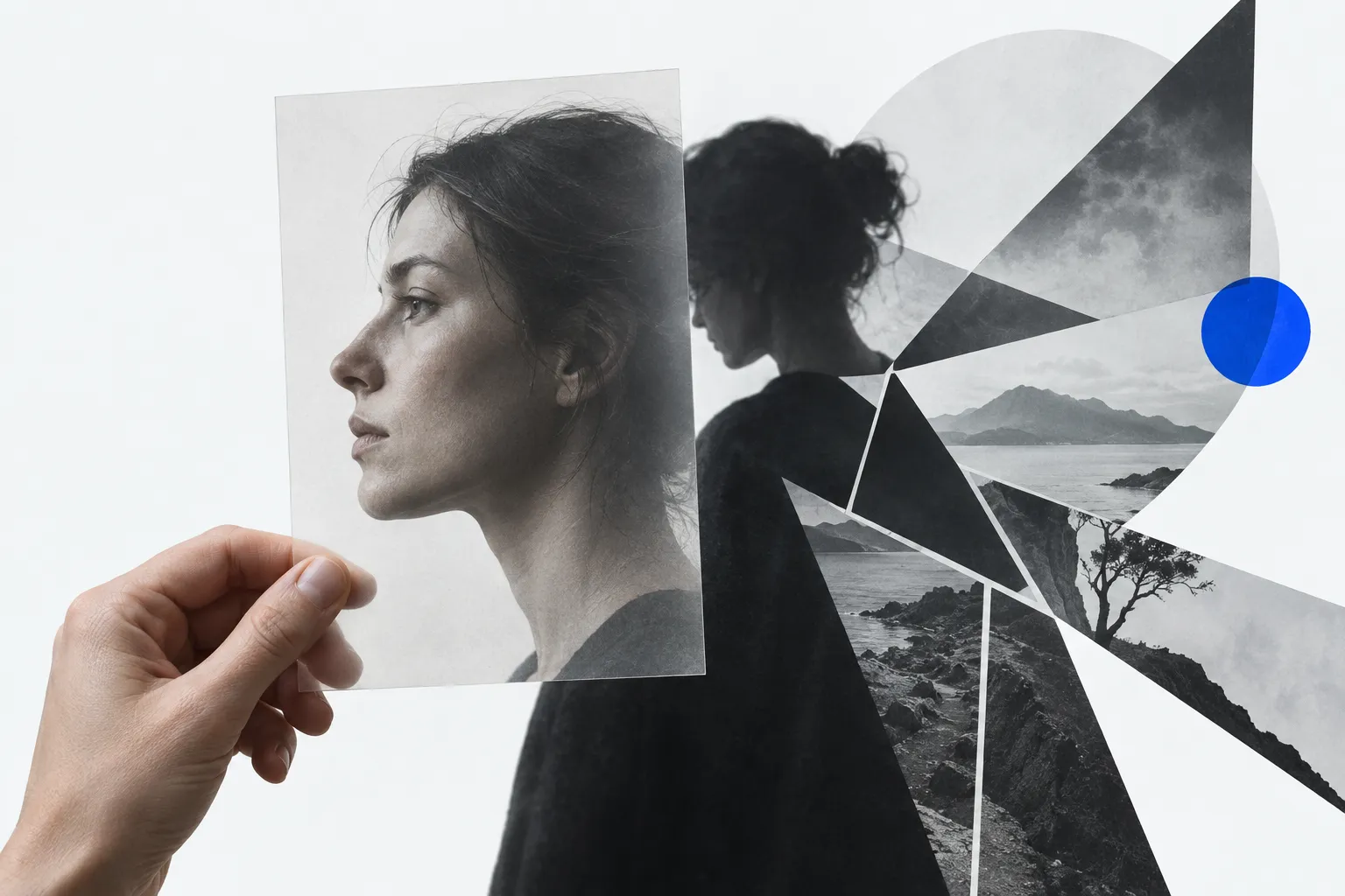 A hand holds a portrait with the person's wider history visible behind it