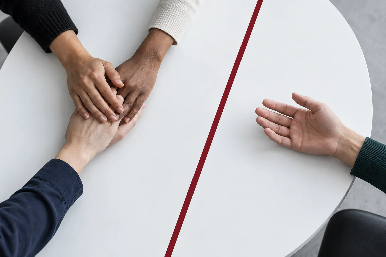 Hands gather around one person while another open hand is left alone
