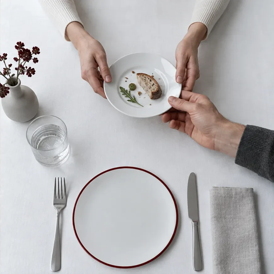 A person giving away a plate while their own place remains empty