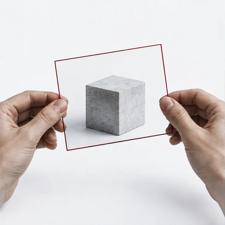 Hands framing a gray cube with a red outline