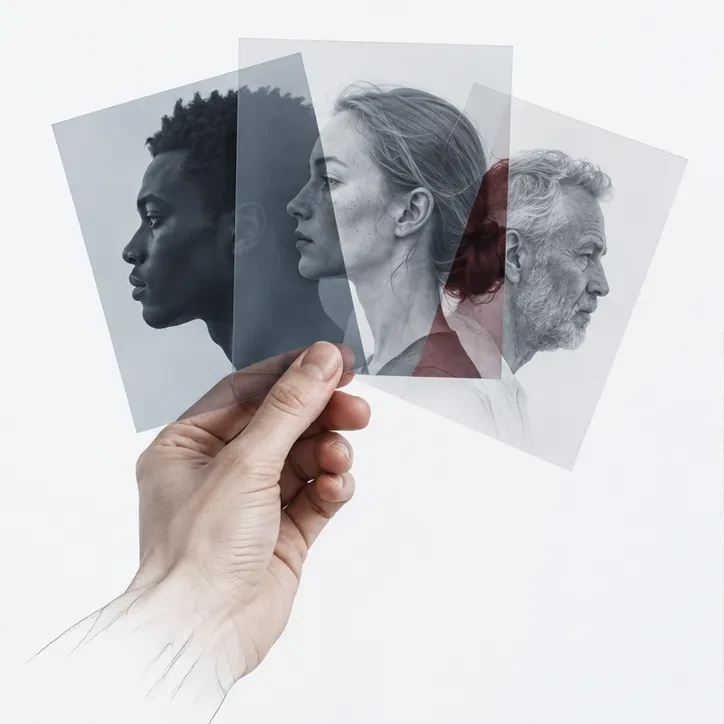 A hand holding translucent portraits