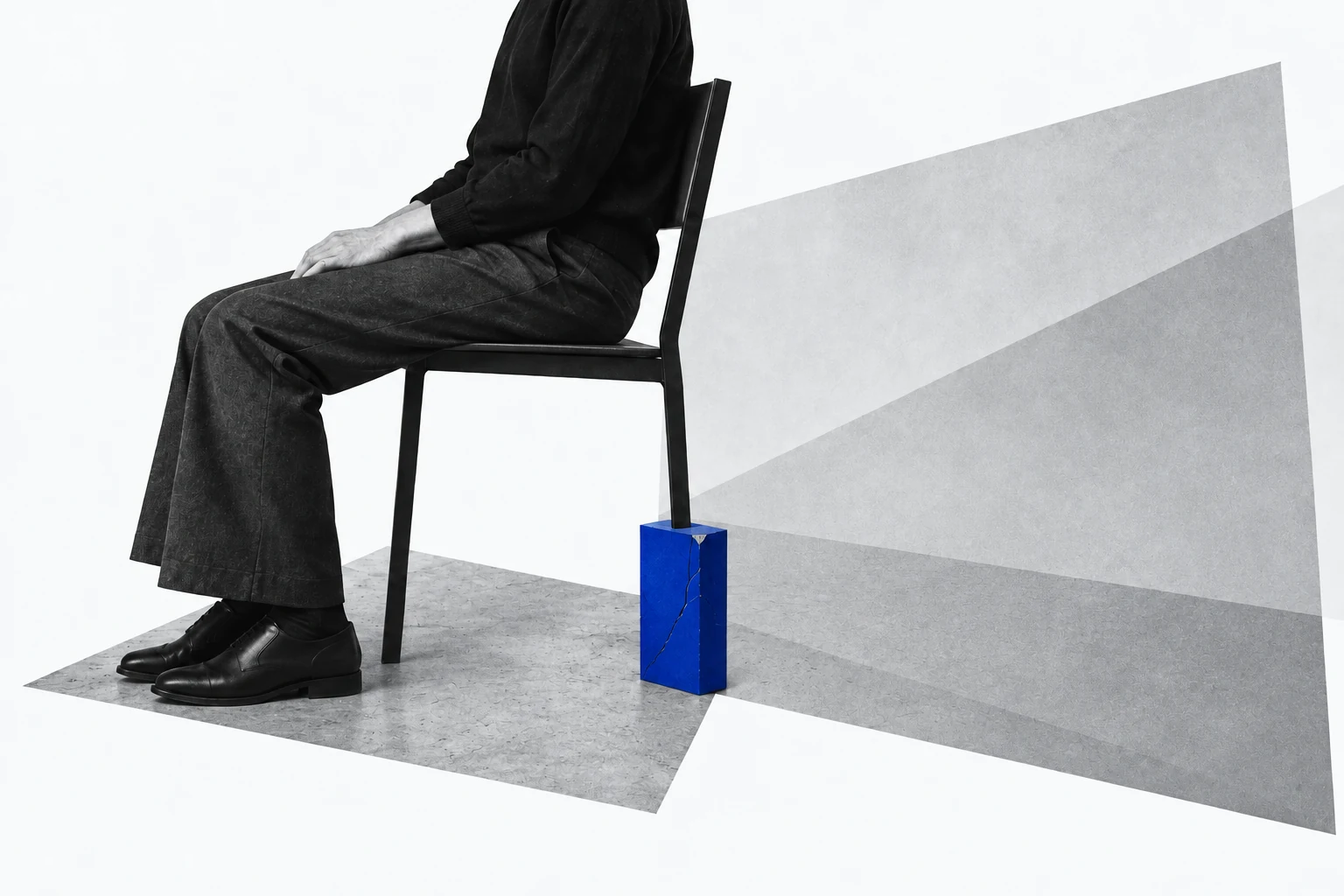 A seated figure in black and white, with one chair leg supported by a cracked blue block over layered grey planes.
