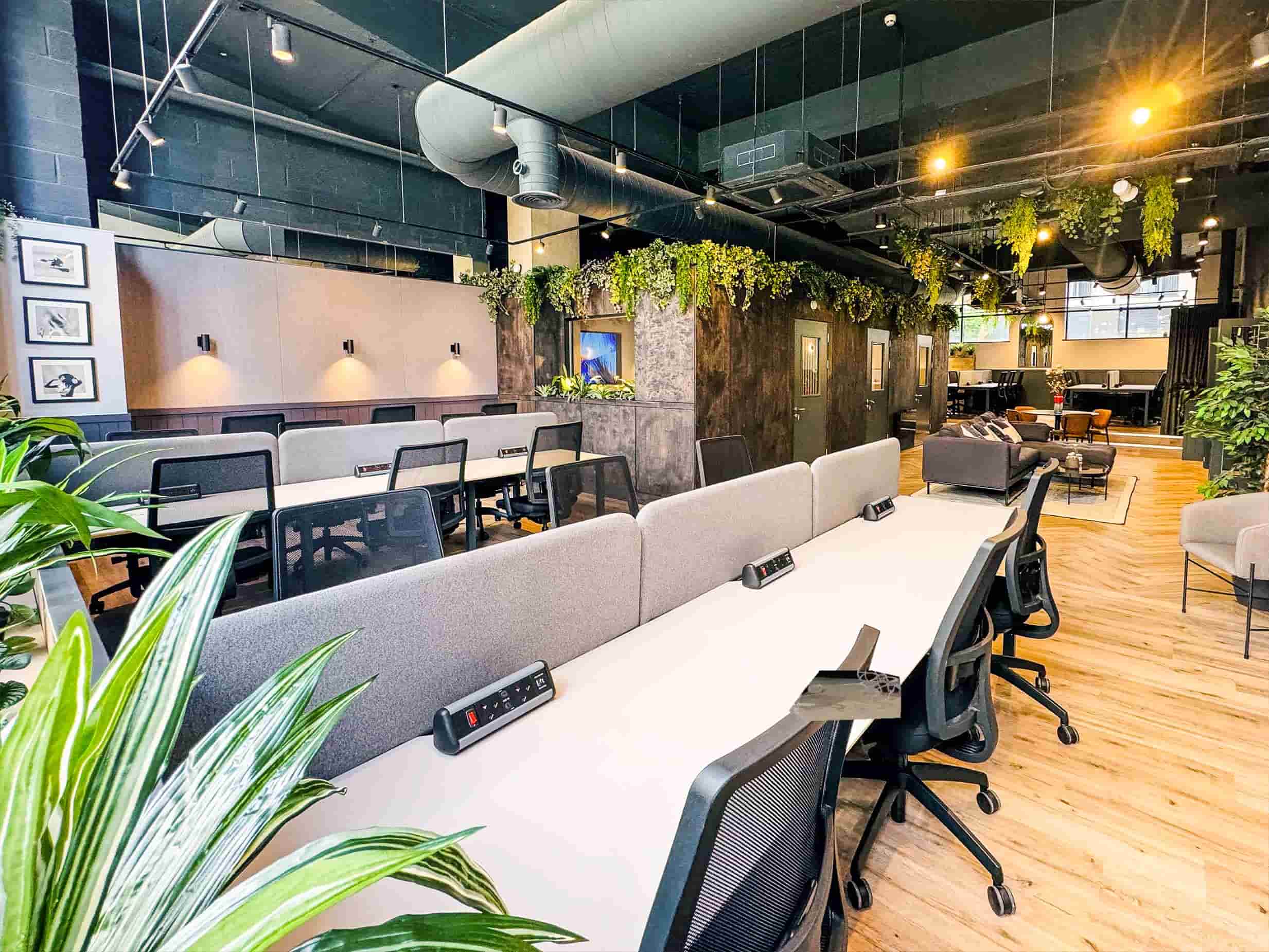 Modern coworking space with long shared desks, ergonomic chairs, biophilic greenery, and a relaxed lounge area.